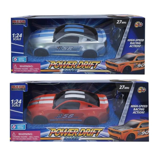 Two boxes of Mega Machines Power Drift Racer toys. The top box has a silver car with blue stripes, and the bottom box has a red car with white stripes. Both boxes feature an image of an orange car with black stripes.